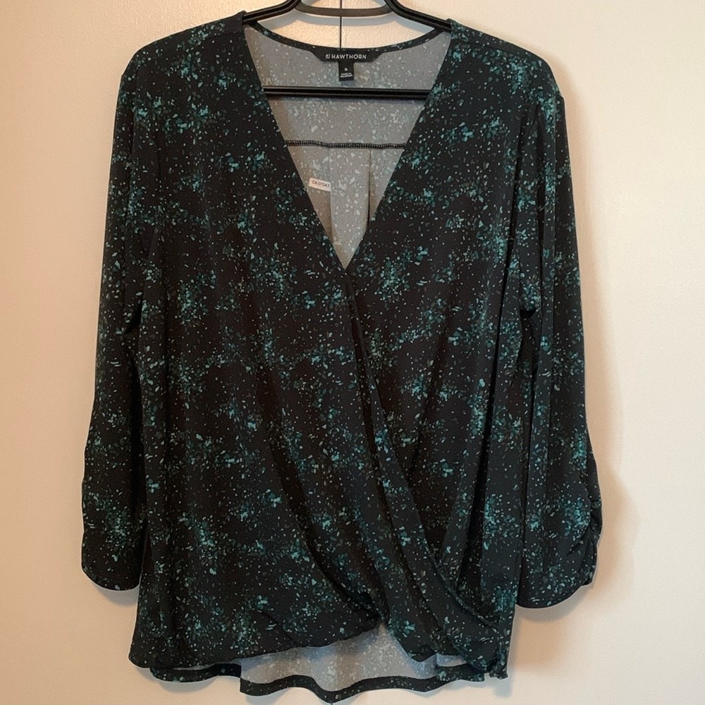 41 Hawthorn Mock Wrap 3/4 Sleeve Black & Green Blouse Size XL